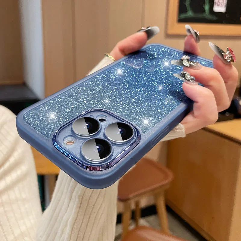 Ultra-thin glitter gradient magnetic phone case for iPhone on a table, showing silver colour shift.