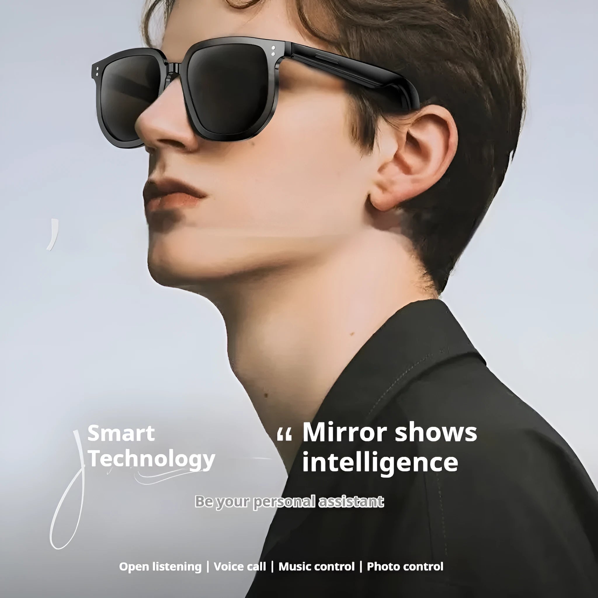 Black AI smart Bluetooth sunglasses with touch controls on the frame for audio and calls.