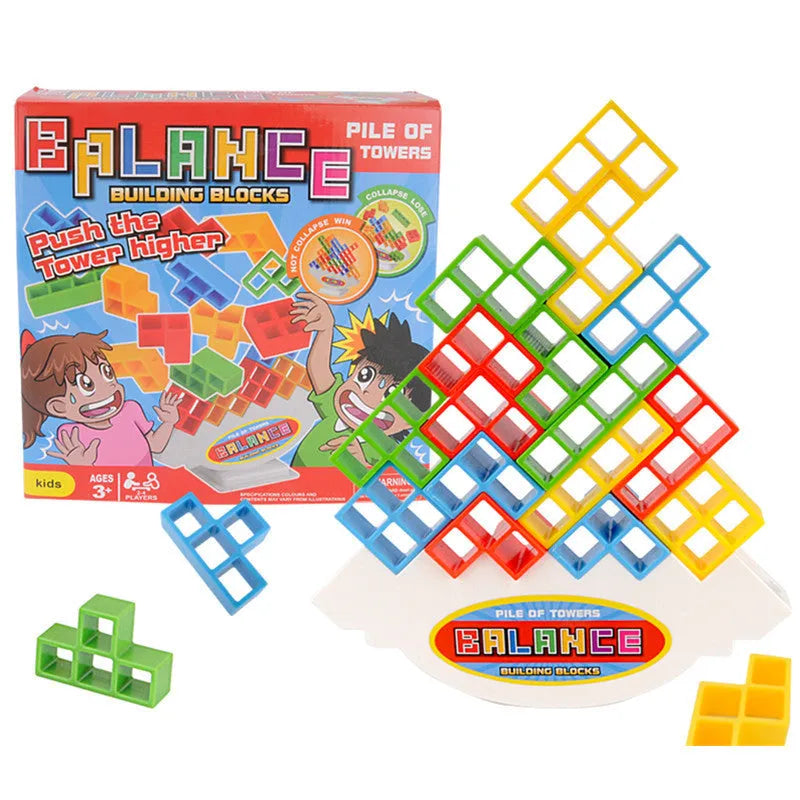 Plastic balance stacking board game with colourful blocks, chassis, and base on table