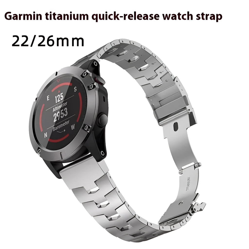 Jiaming Garmin Fenix replacement watch strap in black, silver, titanium colour, showing 22mm and 26mm width options.