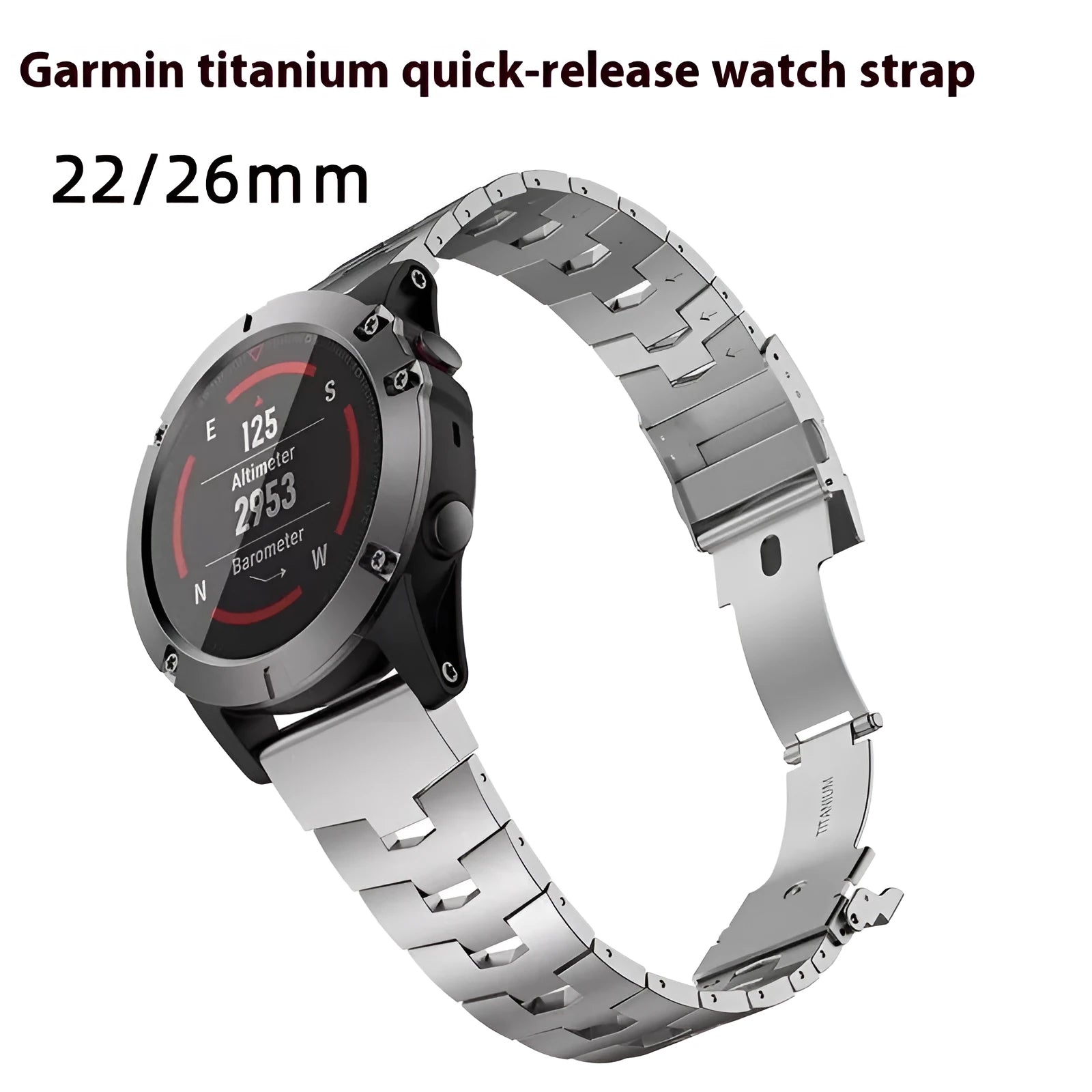 Jiaming Garmin Fenix replacement watch strap in black, silver, titanium colour, showing 22mm and 26mm width options.