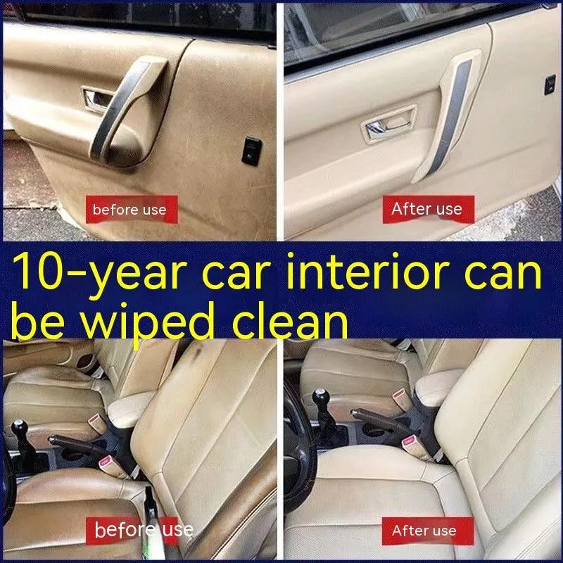 Wash-free fabric roof foam cleaner bottle with microfibre towel and sponge wipes for car interior cleaning.