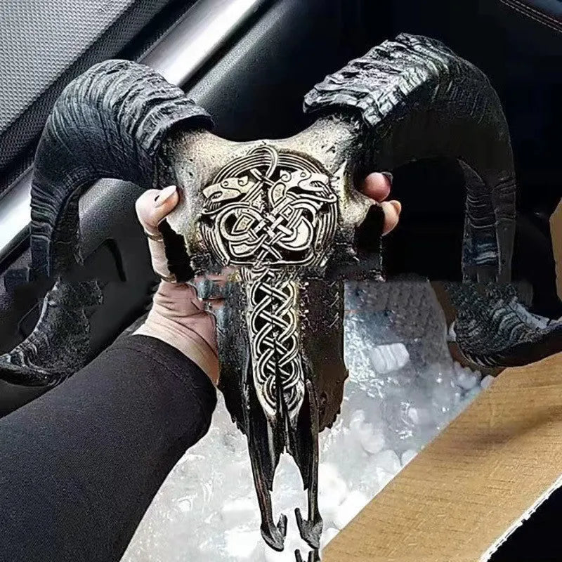 Resin bull head wall decoration with horn detail, available in red or grey and Five pointed star or Totem style.