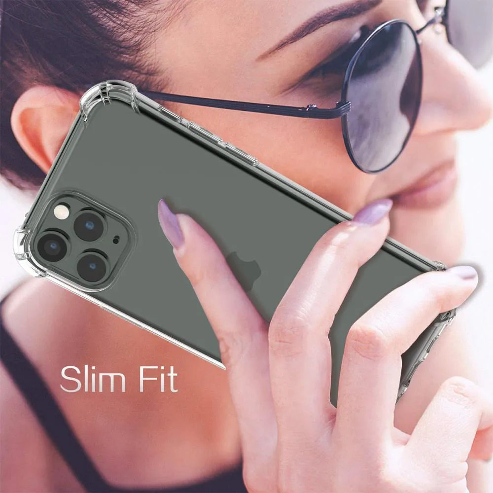 Clear shockproof TPU iPhone case showing transparent protection for multiple iPhone models