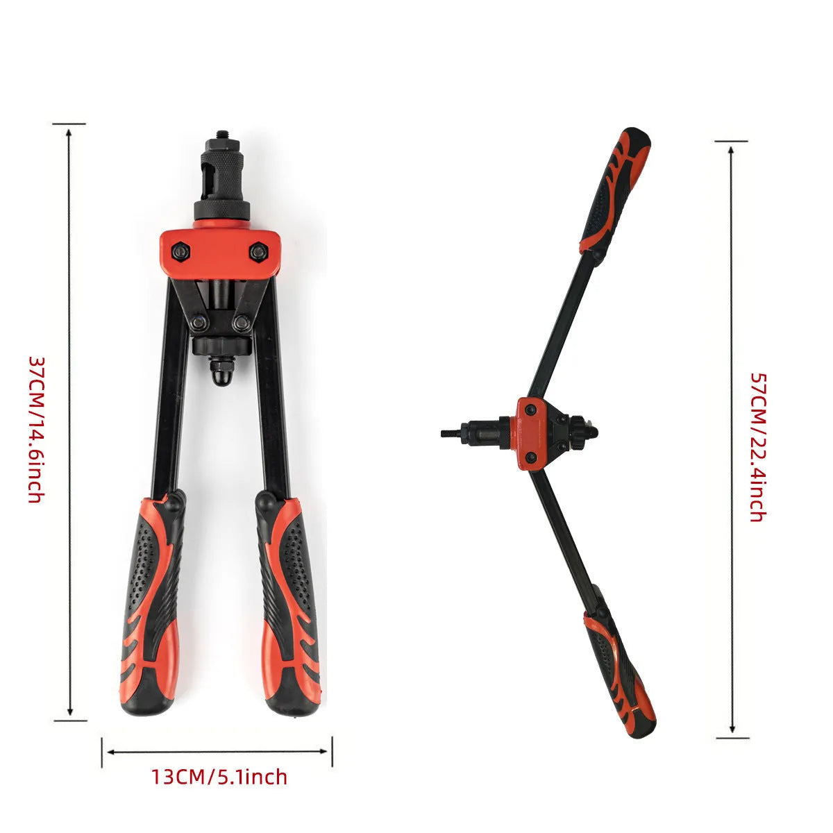 CQ14 14-inch alloy pull-setter riveter tool with six nose pieces for M3 to M10 rivet nuts.