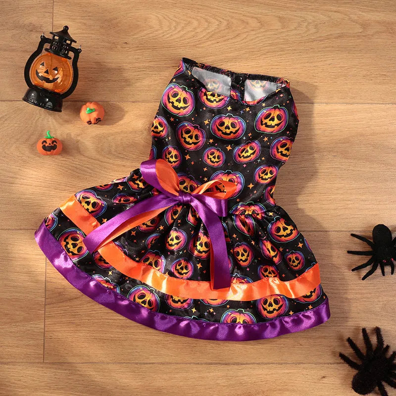 Colourful double-layer Halloween skirt for a dog, showing pumpkin and skull pattern options.