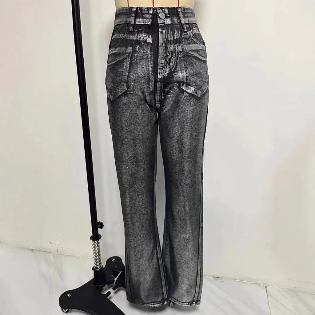 Washed blue straight leg jeans with high waist and contrast colour details on mannequin