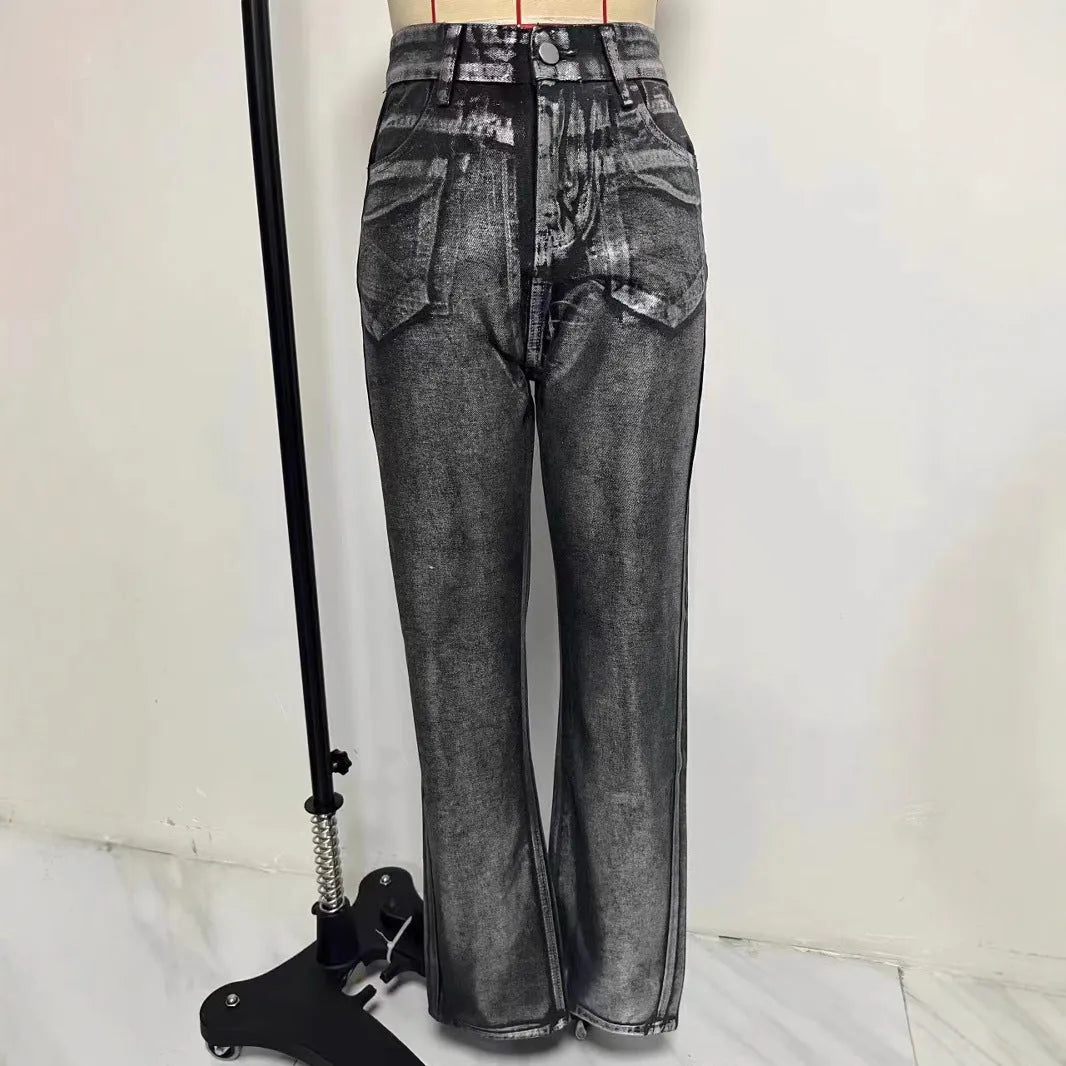 Washed blue straight leg jeans with high waist and contrast colour details on mannequin