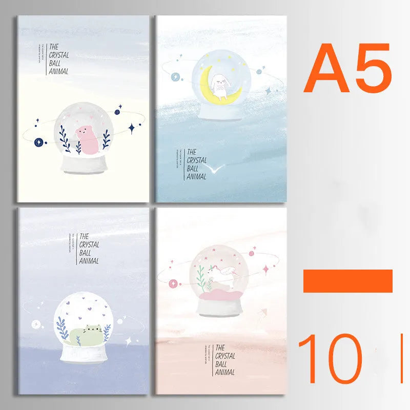 Ten soft cover kraft paper notebooks with thread binding in A5 and B5 sizes showing multiple design styles