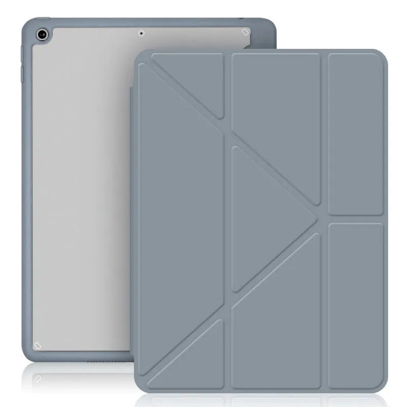 Acrylic folding iPad case showing Y-deformation design, pen slot, and imitation leather construction