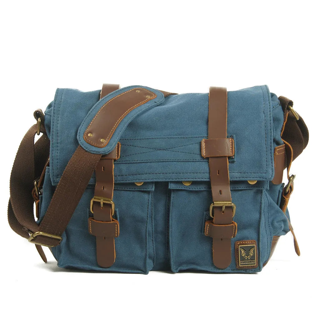 Men's 38cm wide canvas crossbody bag with cowhide trim in retro postman style