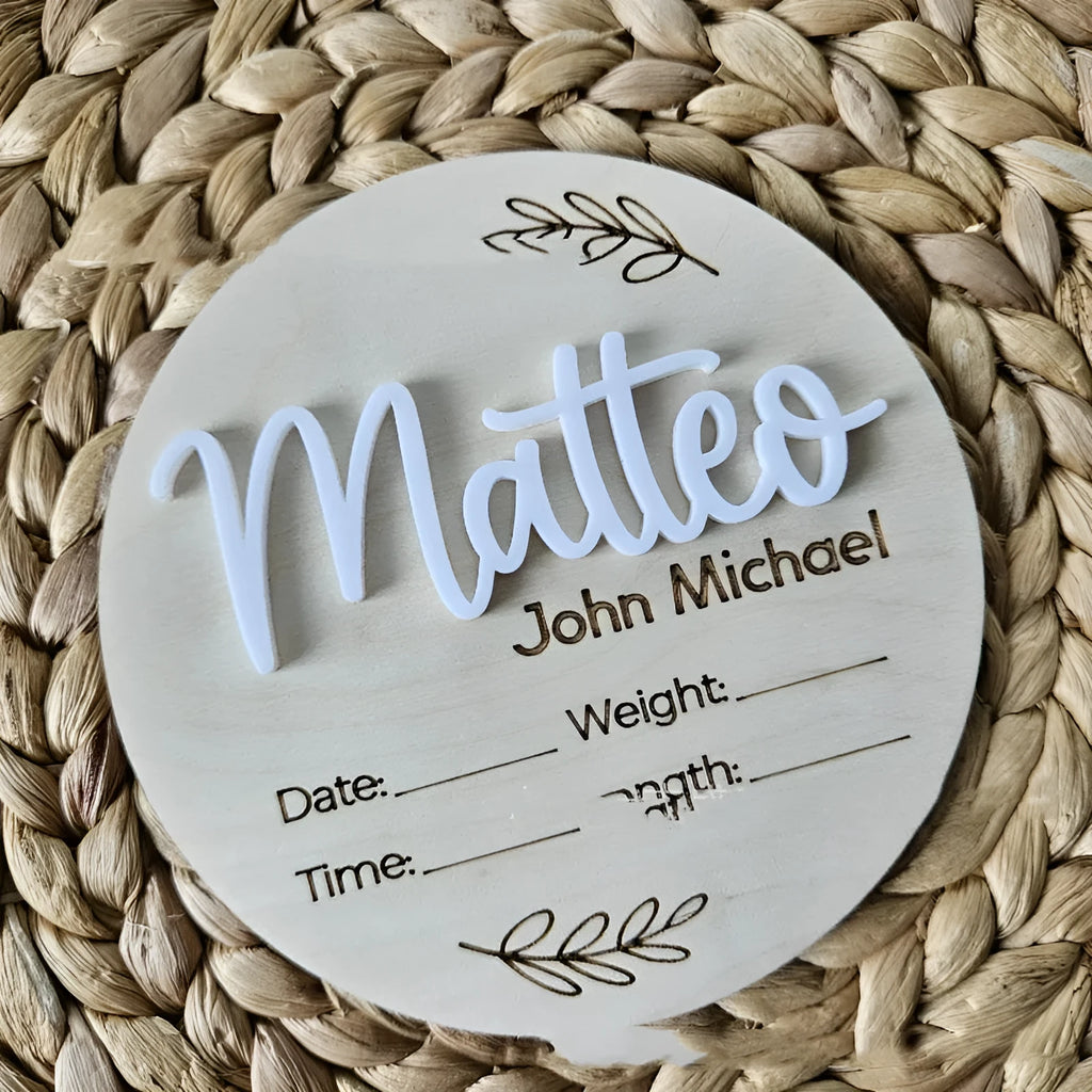 Square wooden baby birth plaque with laser-engraved name and details