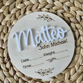 Square wooden baby birth plaque with laser-engraved name and details