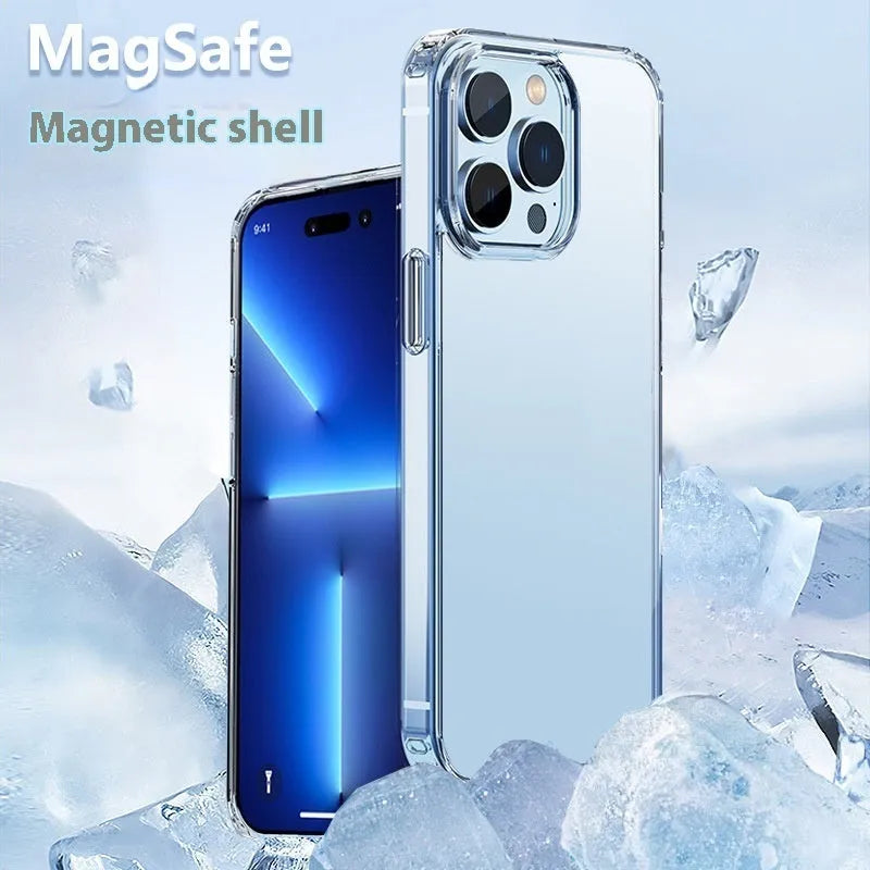 Transparent magnetic straight edge phone case for Apple 16 and 16 Plus with airbag drop-resistant corners.