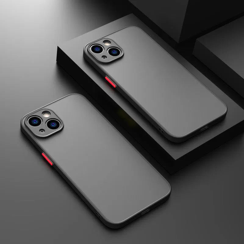 Black frosted hard iPhone case with full camera lens cover and fine hole skin-sensing design on a table.