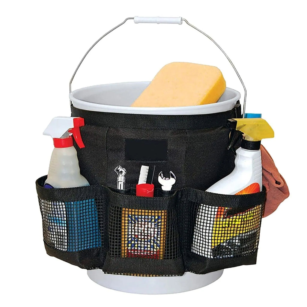 Black polyester cylindrical hanging storage bag designed for 5 gallon barrels