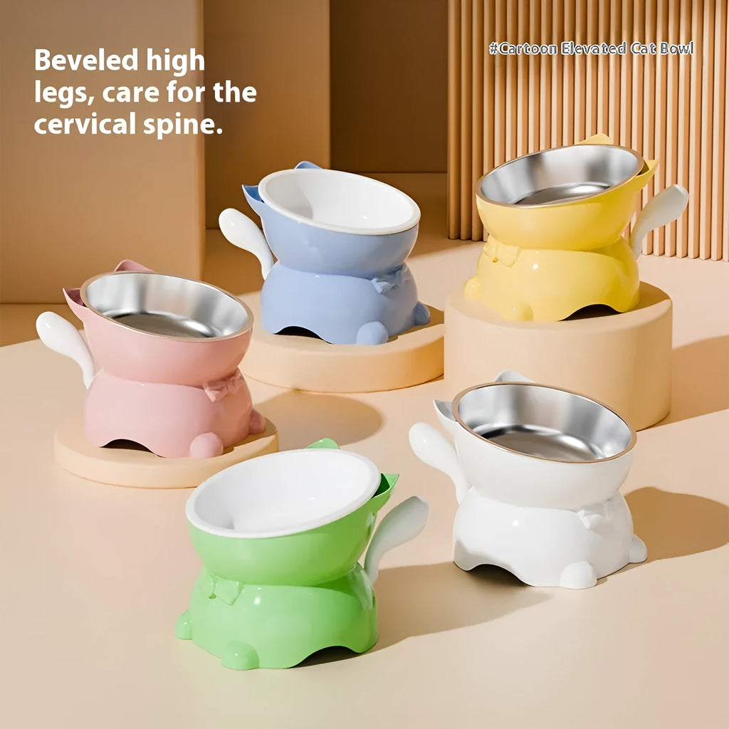 Stainless steel oblique anti-fall cat bowl shown in blue, pink, yellow, and black colour options.