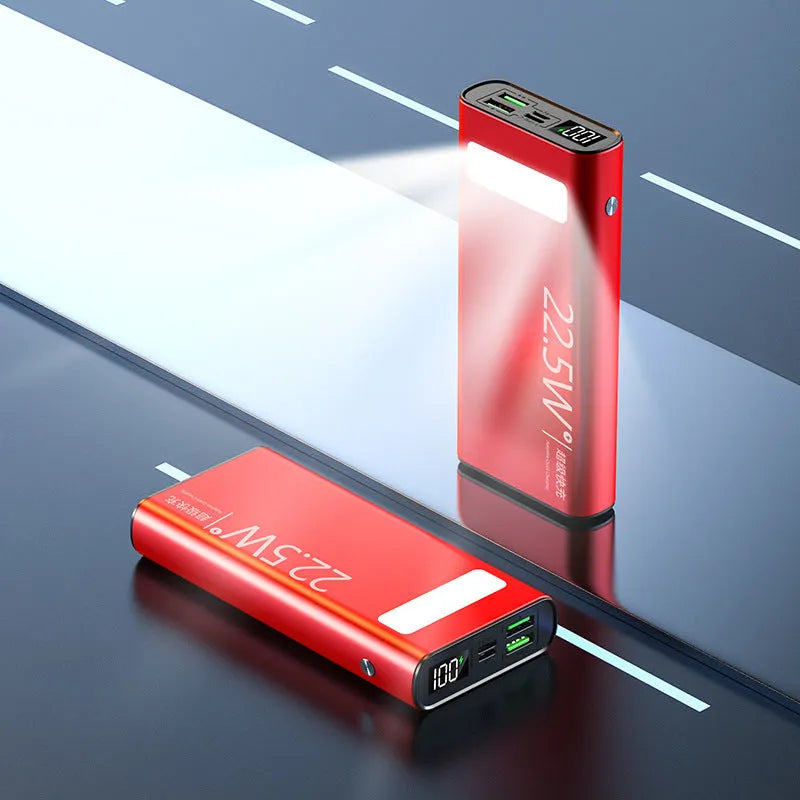 Alloy shell power bank showing LCD display, in black, green, red, or blue colour options