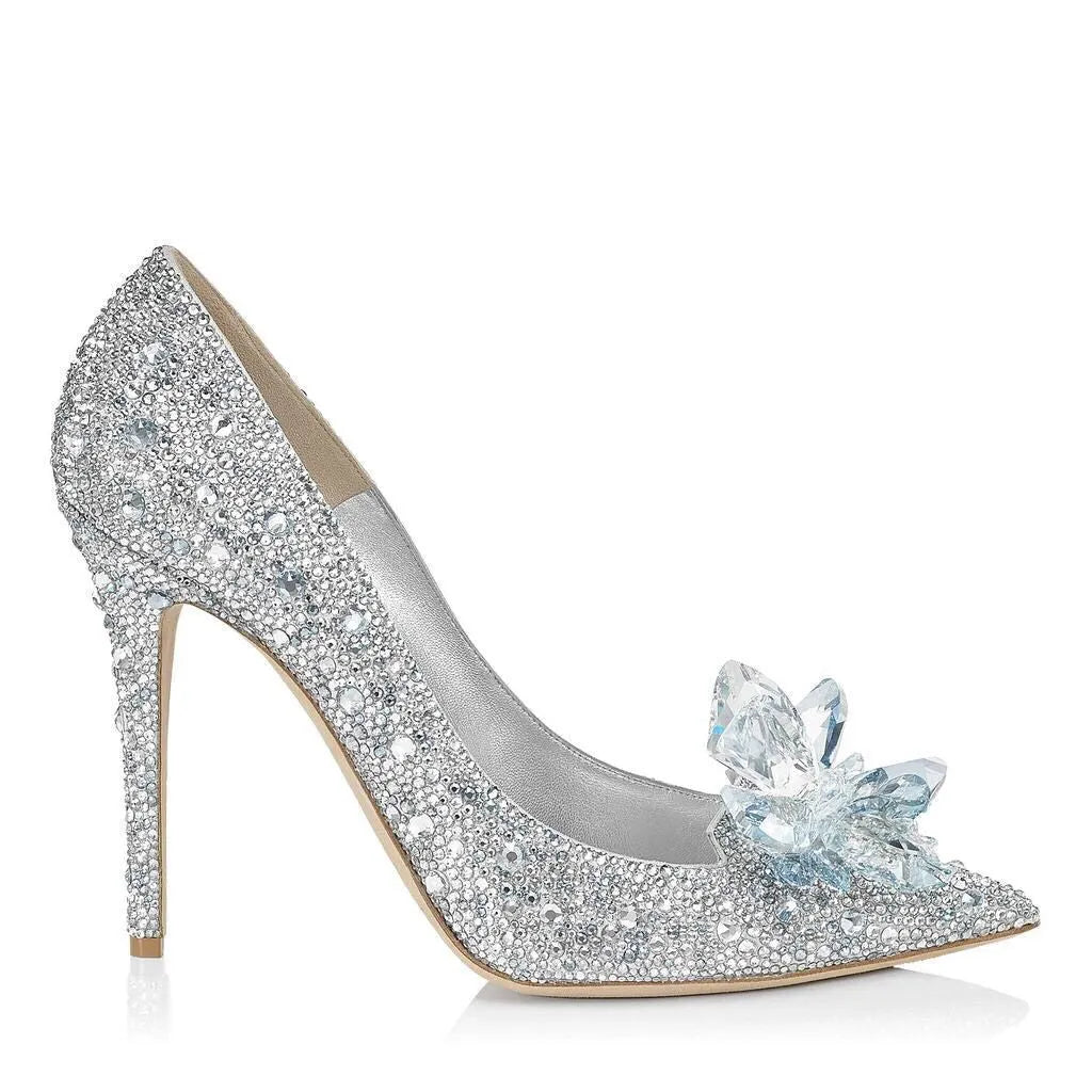 Gold and silver women's stiletto high heels with sequined pointed toes and rhinestone decoration.