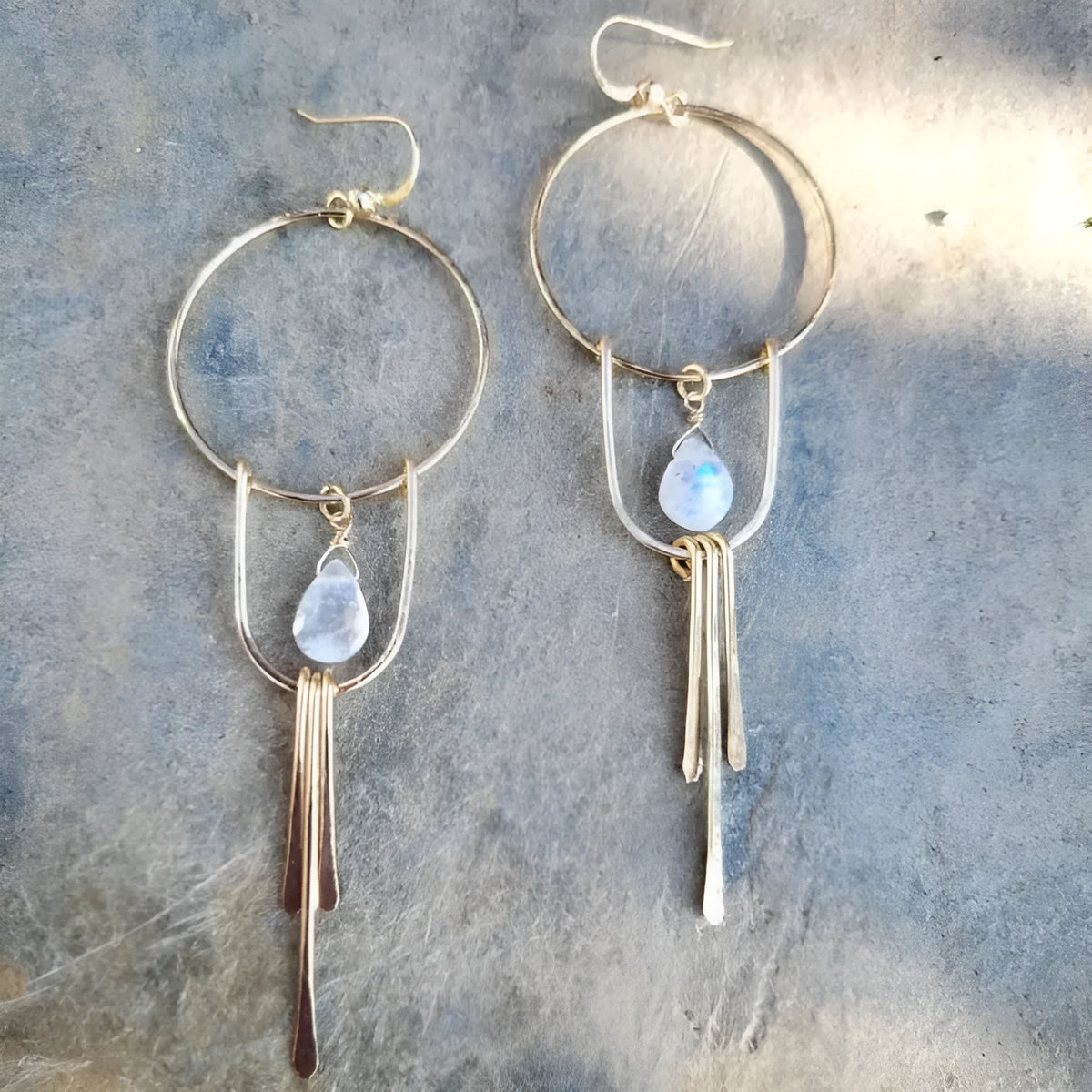 Gold alloy drop earrings with round ring, water drop gem pendant and tassel in Bohemian ethnic style