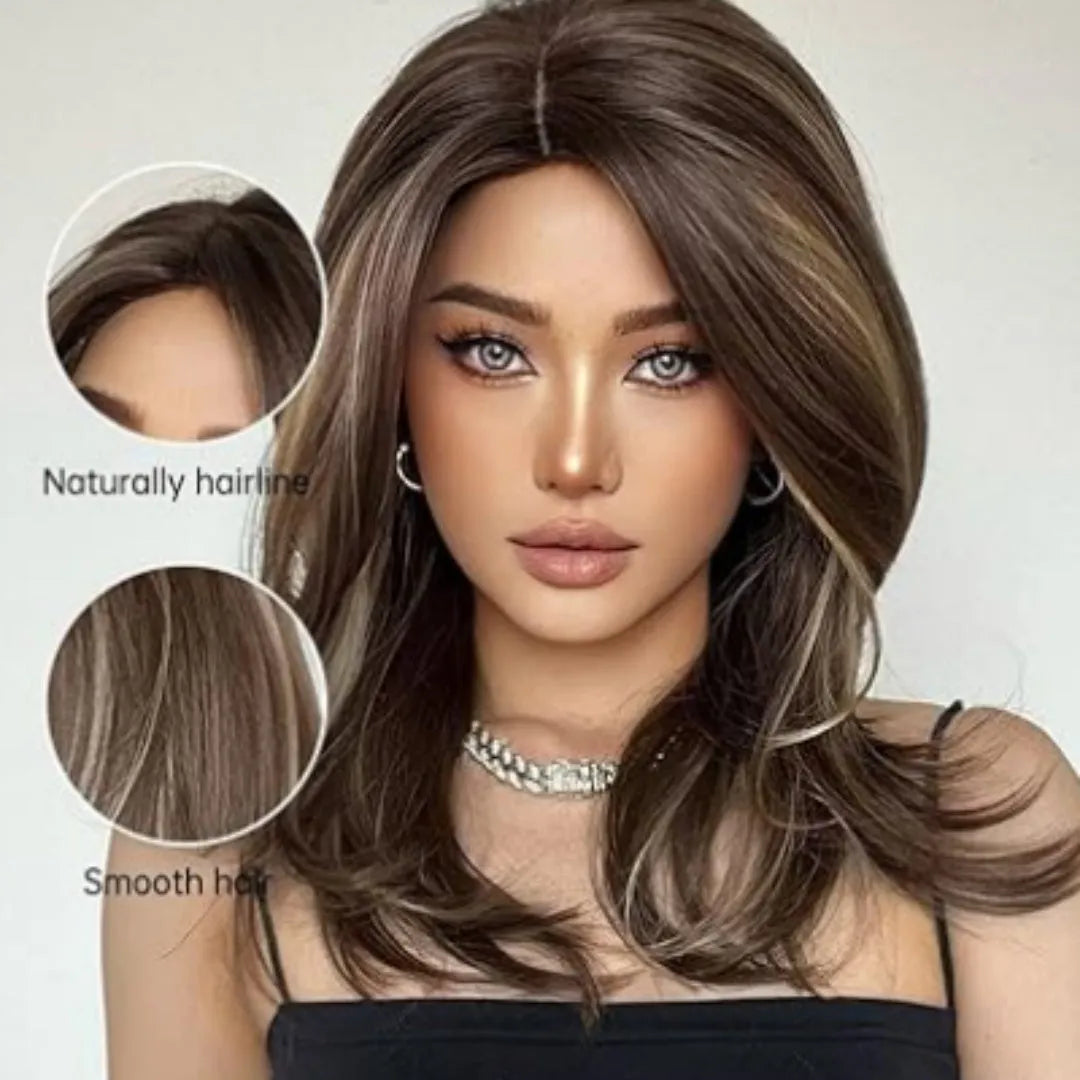 Mid-length platinum gradient curly synthetic wig with long bangs in Star Fashion style.