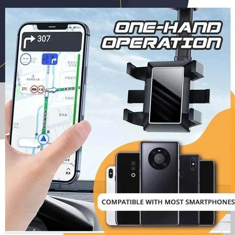 Black rearview mirror phone holder with 360 degree rotation and retractable arm for car mounting