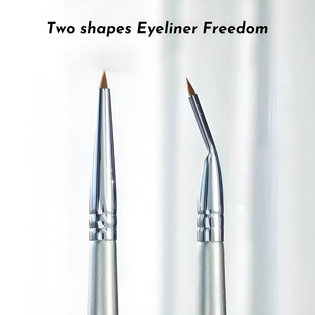 Close-up of a bend head angled makeup brush for eyeliner and eye detail.