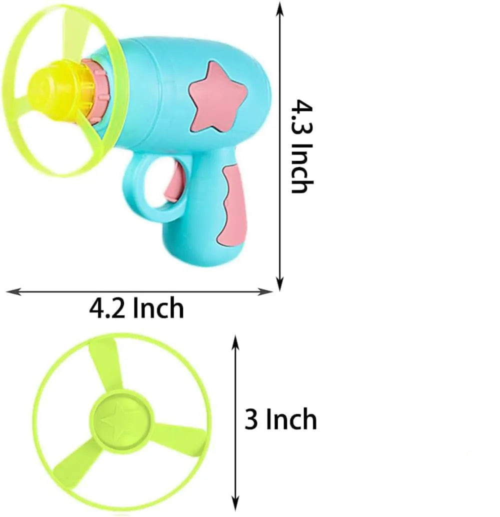 Blue interactive cat toy gun launcher with a mounted pink plastic frisbee, shown with a second frisbee disc.