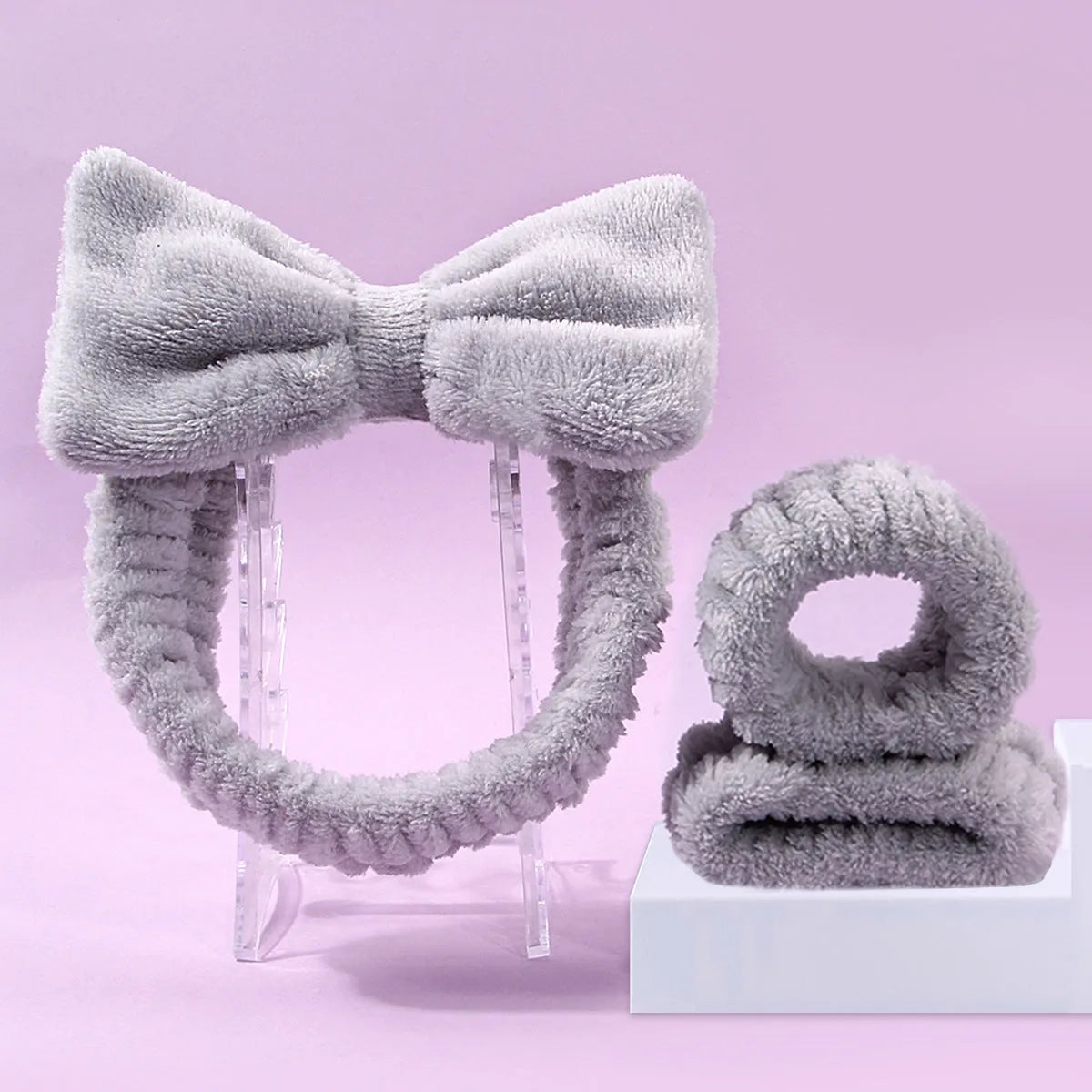 Facial brush set with coral fleece hair band and nylon bristles in multiple colour options