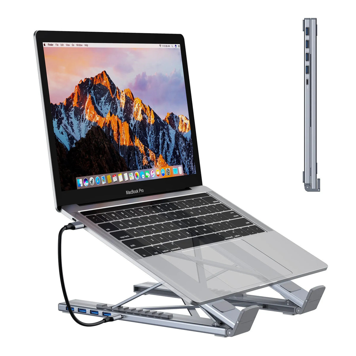 Aluminium alloy folding laptop stand with built-in 8-in-1 multi-interface HDMI docking hub.