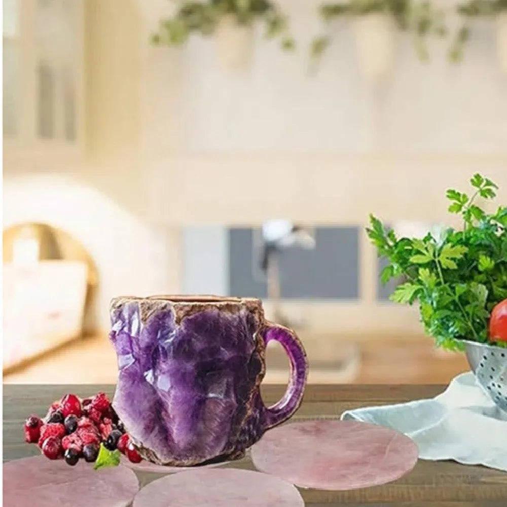 Resin mineral crystal coffee mug with handle in purple colour, showing 3D texture.