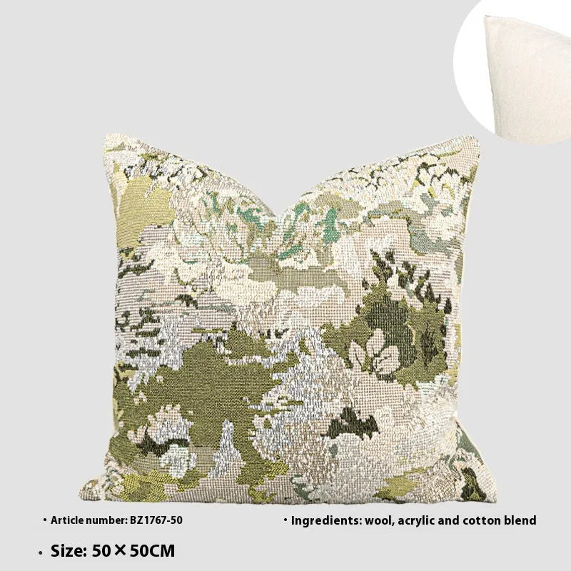 French style antique green wool blended abstract pillow case with spring flower botanical pattern