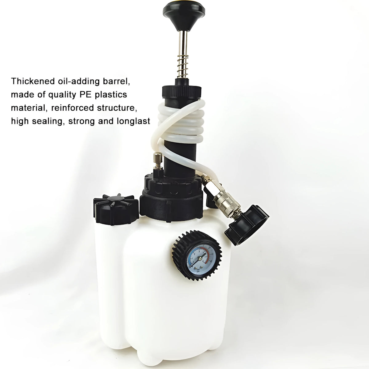 White 3L brake oil tank replacement tool with copper tubing for automotive brake fluid changes