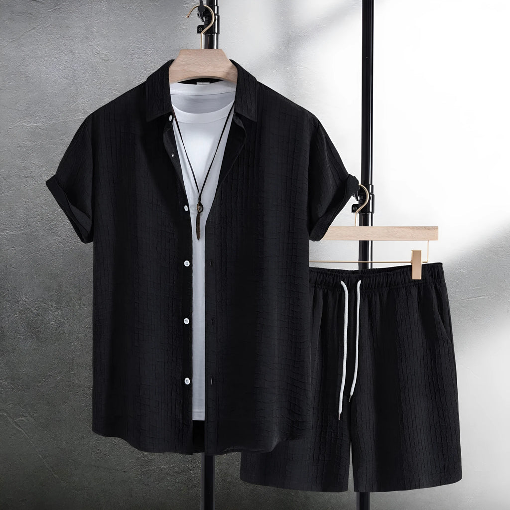 Men wearing black cotton blend jacard short sleeve shirt and matching shorts casual two piece suit