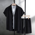 Men wearing black cotton blend jacard short sleeve shirt and matching shorts casual two piece suit