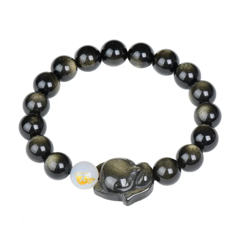Obsidian stone bracelet with 10mm beads in national style design