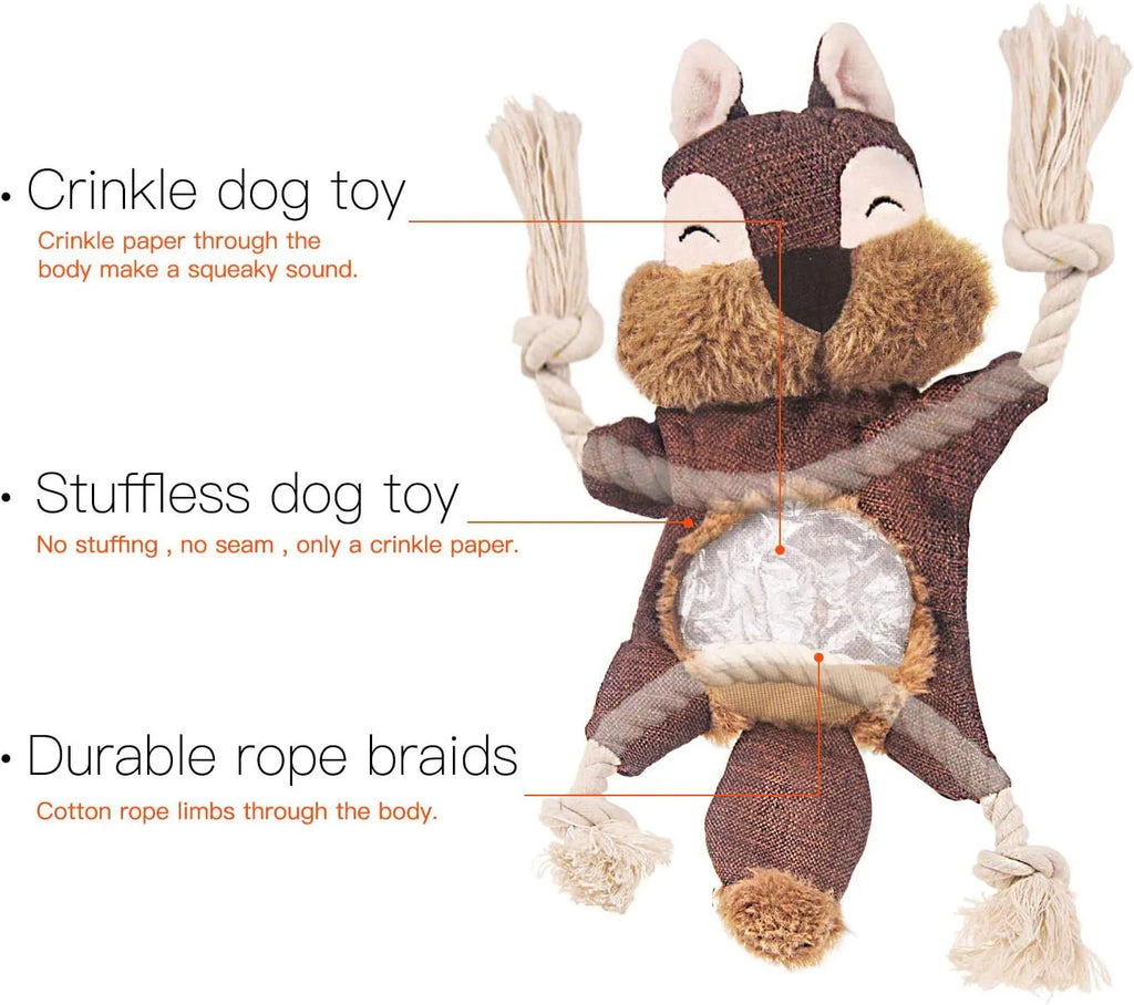 Brown plush fox dog toy with cotton rope limbs, embroidered eyes, and a squeaker in the head.