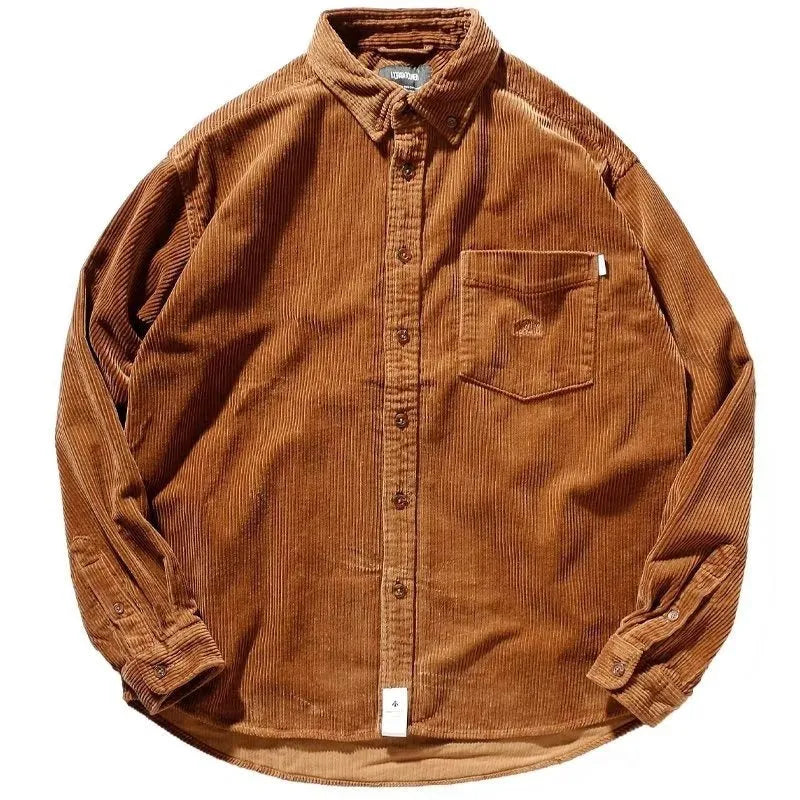 Loose fit caramel corduroy shirt with long sleeves and cardigan styling