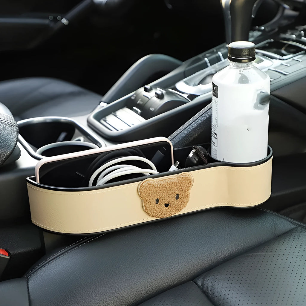 Leather car seat gap storage box with cartoon bear design for organising small vehicle items