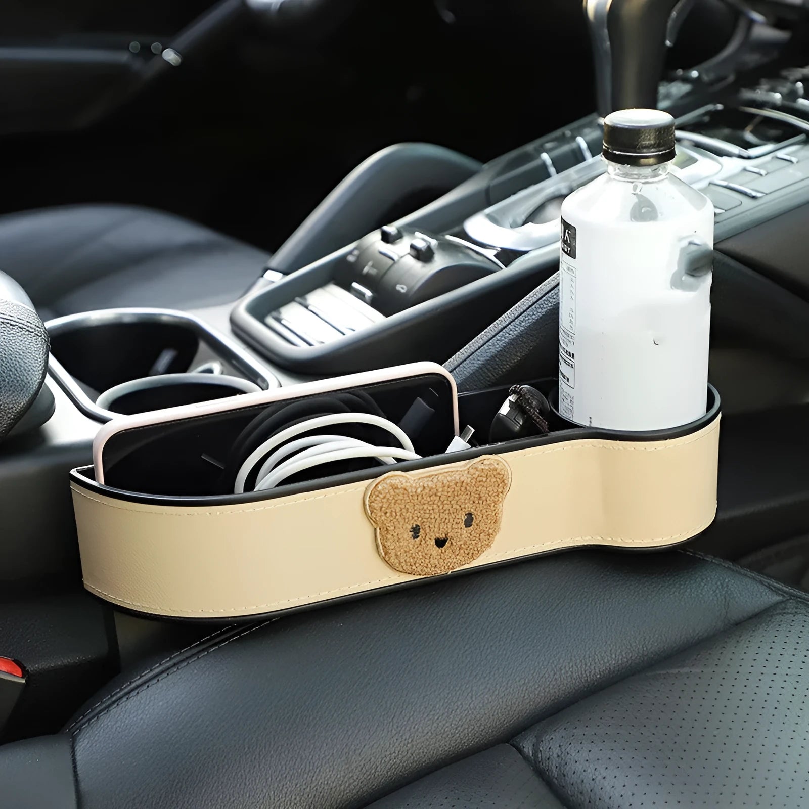 Leather car seat gap storage box with cartoon bear design for organising small vehicle items