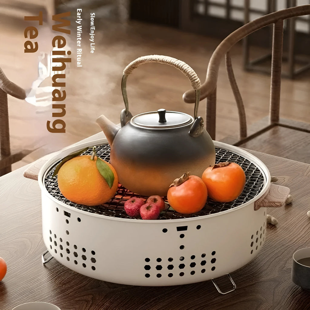 Portable charcoal tea cooking stove set with grill rack for indoor baking