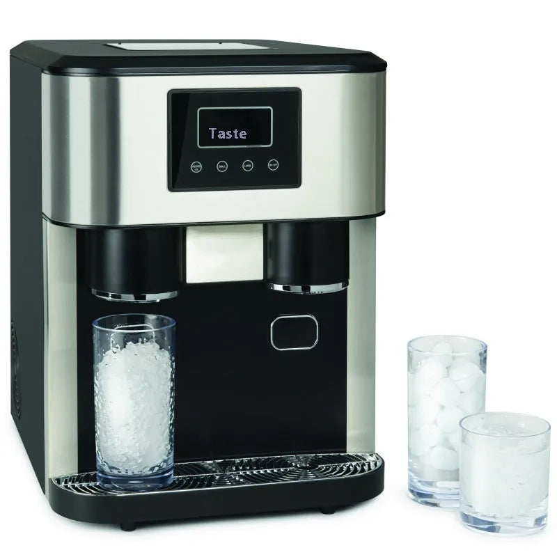 Black desktop ice making machine with stainless steel tank for ice crushing and cold water