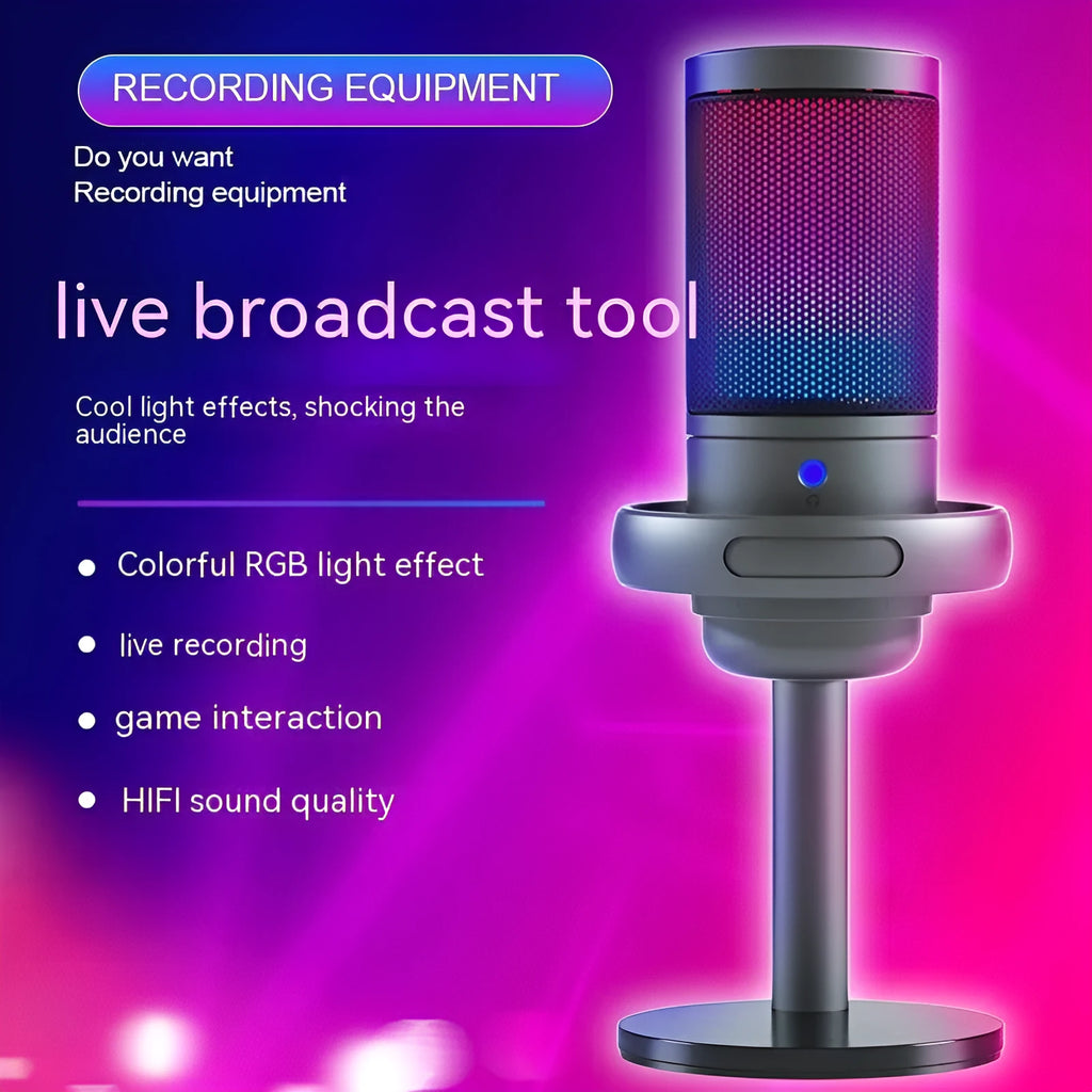 Condenser USB microphone with RGB lighting in black, white, or pink colours