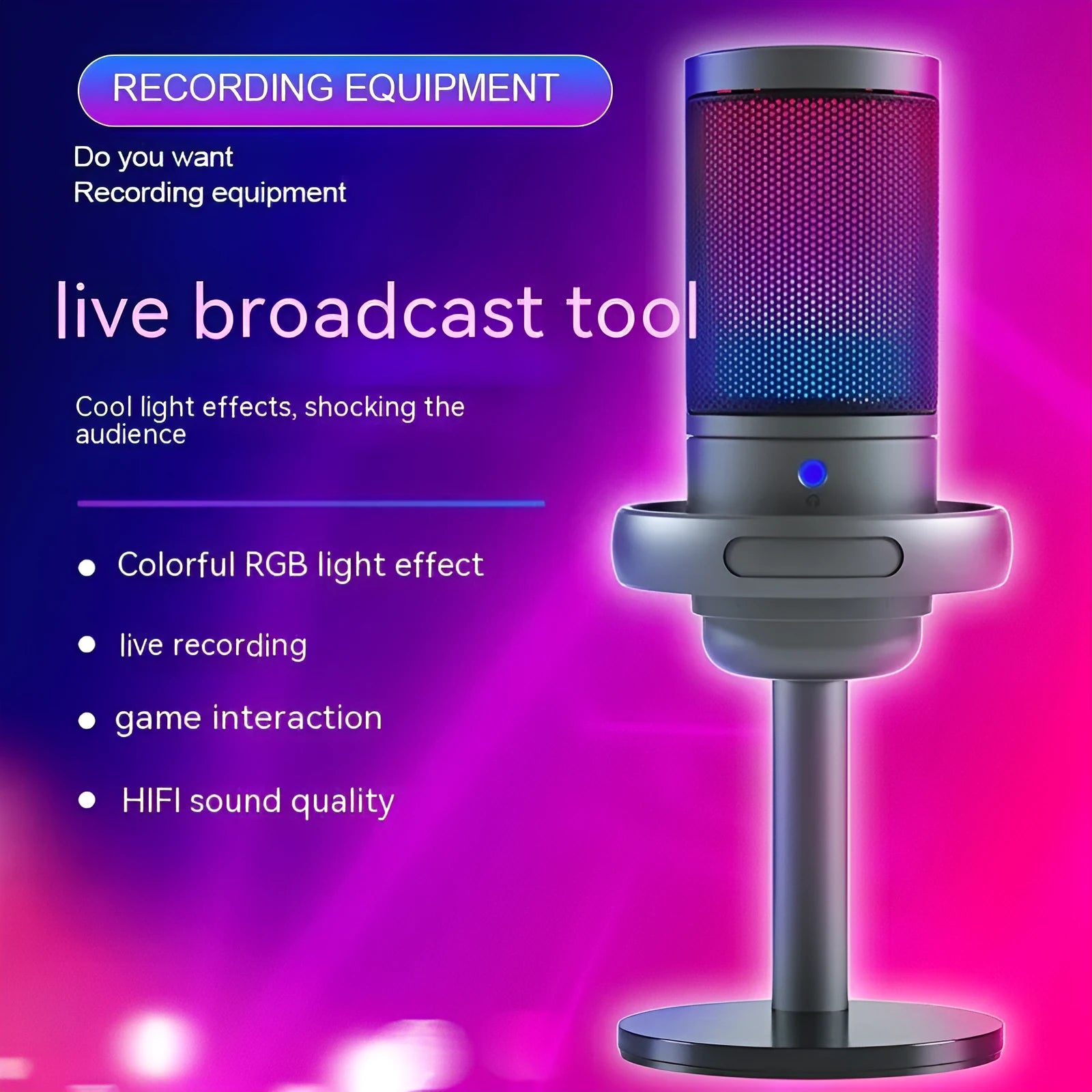 Condenser USB microphone with RGB lighting in black, white, or pink colours