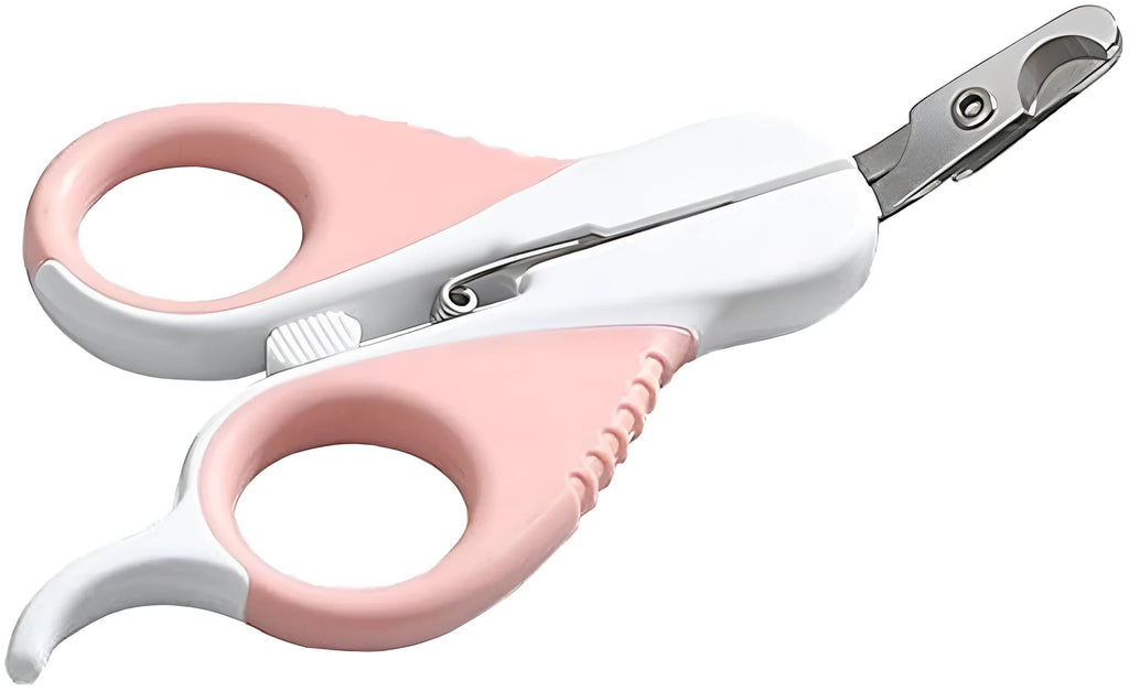 Grey and pink cat nail clippers with safety lock and angled stainless steel blade for pet grooming.