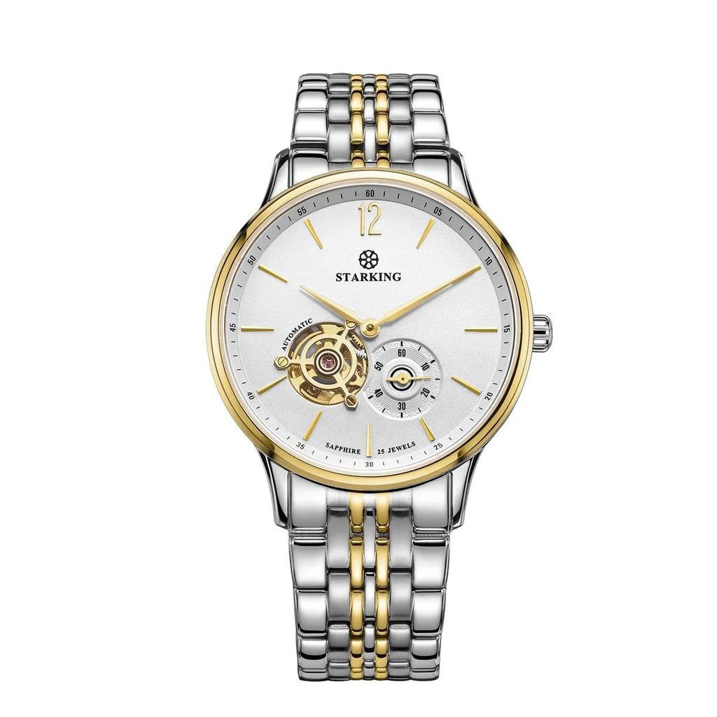 Automatic mechanical men's business watch with hollow three-hand design on brown leather strap