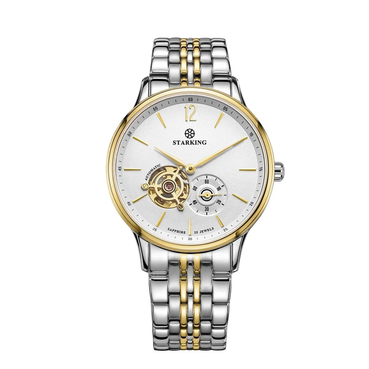 Automatic mechanical men's business watch with hollow three-hand design on brown leather strap