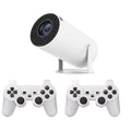 White Barrel X10 PLUS portable projector with gamepad and remote control on table