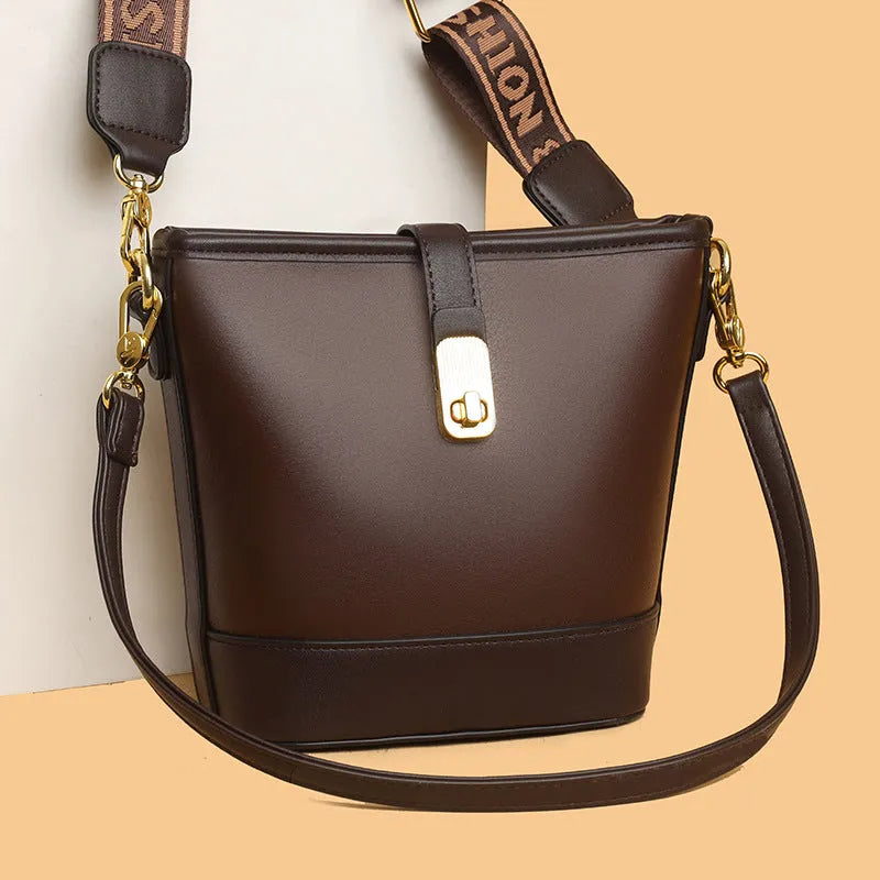 Korean style soft PU leather bucket bag with interior organisation compartments and double shoulder straps