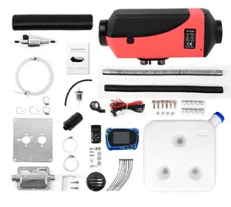 Red and black diesel air heater unit with fuel tank, pipes, wiring, and mounting kit for vehicle installation.